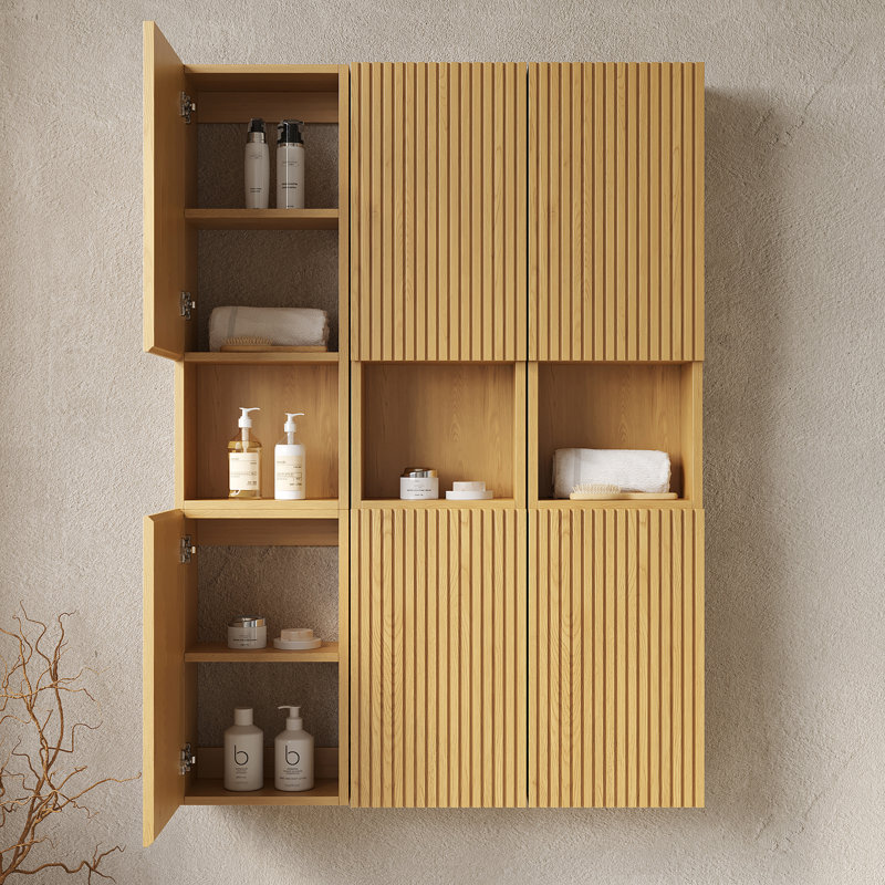 41" Mounted Bathroom Storage - 6 Cabinets With Doors Oak Grain Pattern Plywood Built Waterproof & Functional For Various Rooms Unit Color Practical