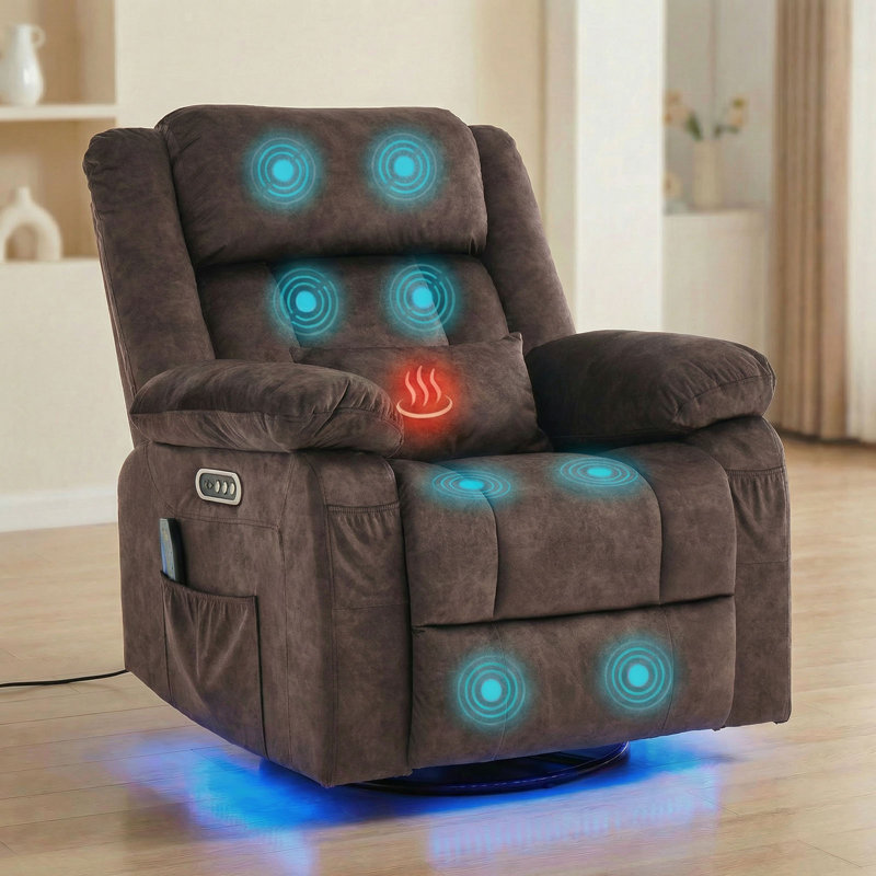 Dual-Motor Swivel Glider Power Recliner With Massage And Heat, LED Light Strips, Brown