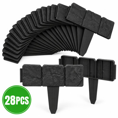28-Piece Faux Stone Garden Edging Border Set, Black Stake-In Landscape Fence for Flower Beds