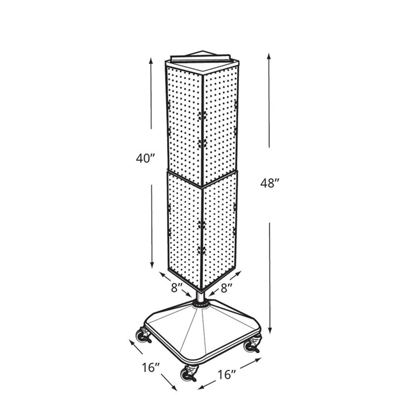 Présentoir à quatre côtés pour plancher perforé sur base pivotante. Tour Spinner Rack. Taille du panneau: l 8 po x H 40 po
