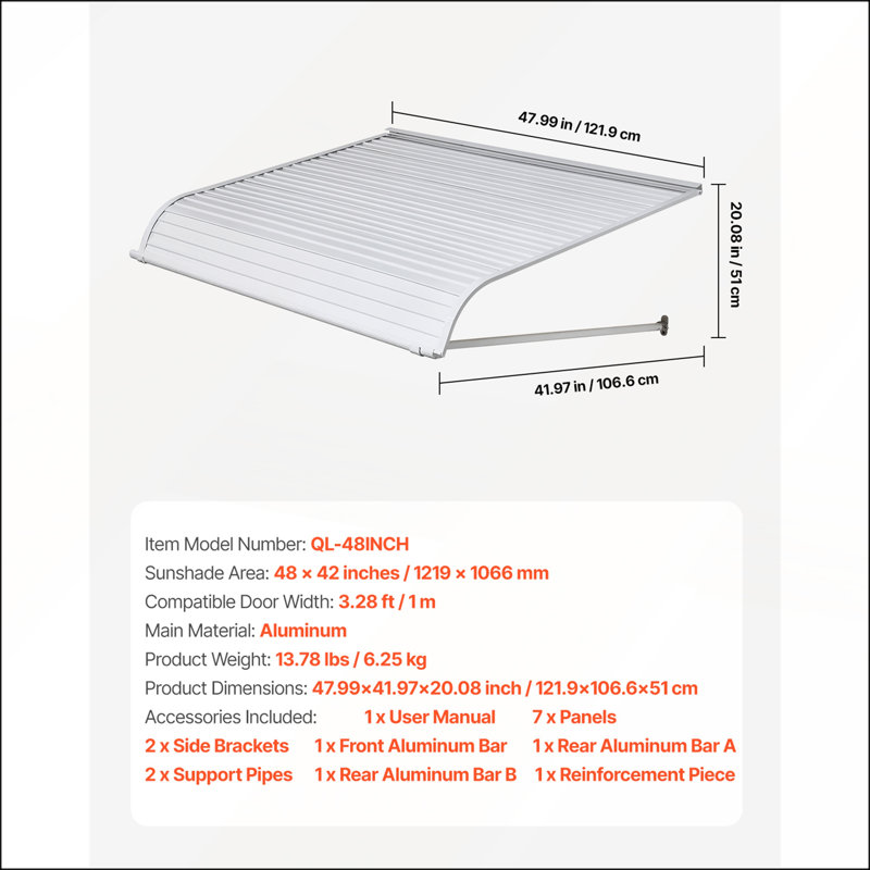 Auvent de porte de fenêtre en alliage d'aluminium durable 48 x 42 po, antirouille et résistant aux intempéries pour une protection toute l'année