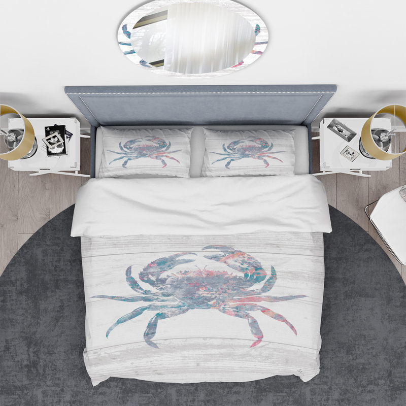 Coastal Duvet Cover Set - Vintage Beige Minimalism Floral Blossoms, Full/Queen Duvet Cover + 2 Shams