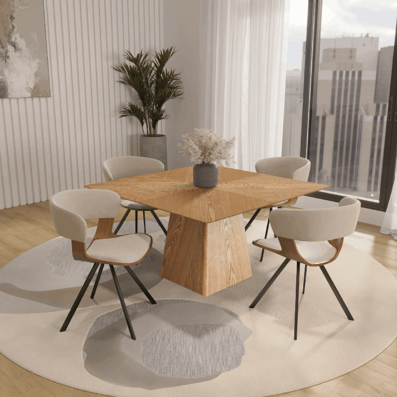 5-Piece Dining Set With Square Wooden Table In Natural Wood And 4 Upholstered Dining Chairs, Light Brown/Walnut