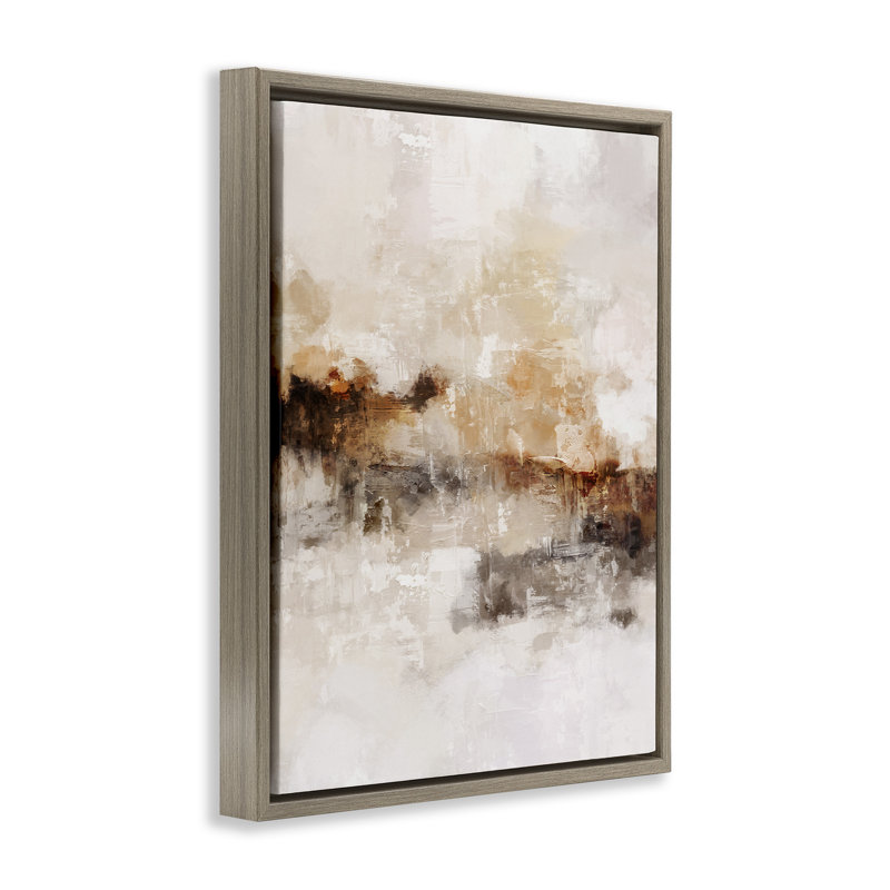Beige et brun abstrait, H 17 po x l 21 po, Cadre flottant noir de jais