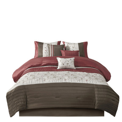 7 Piece Comforter In Red Queen - Transitional Design Embroidery Details 100% Filling Comforter, Shams, Pillows, Bed Skirt Included Pieces Elegant Style On Machine Washable