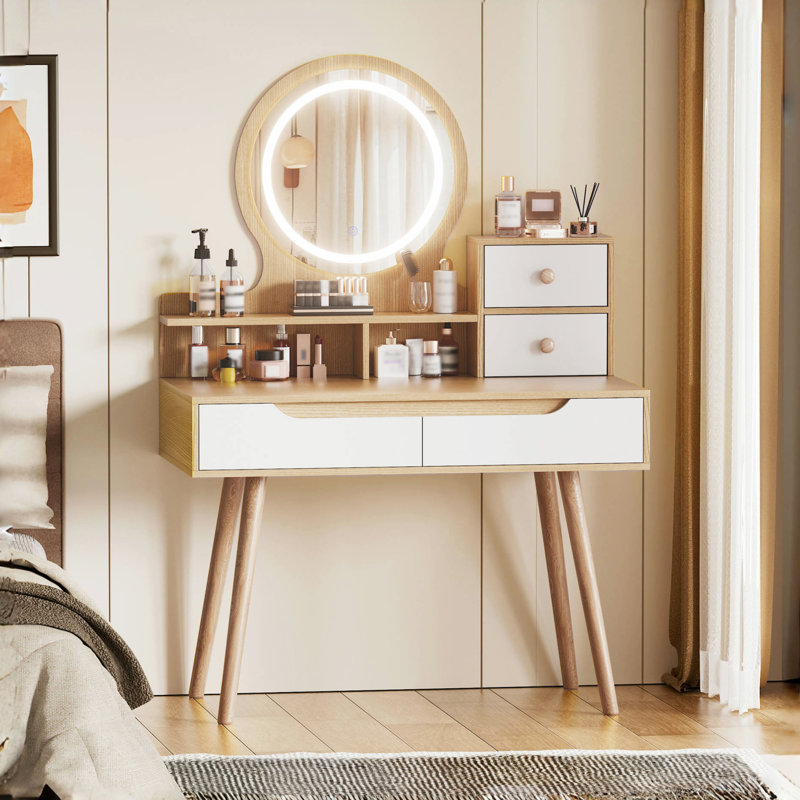 Coiffeuse élégante avec 4 tiroirs et 3 tablettes ouvertes pour cadre de chambre à coucher en bois massif élégant