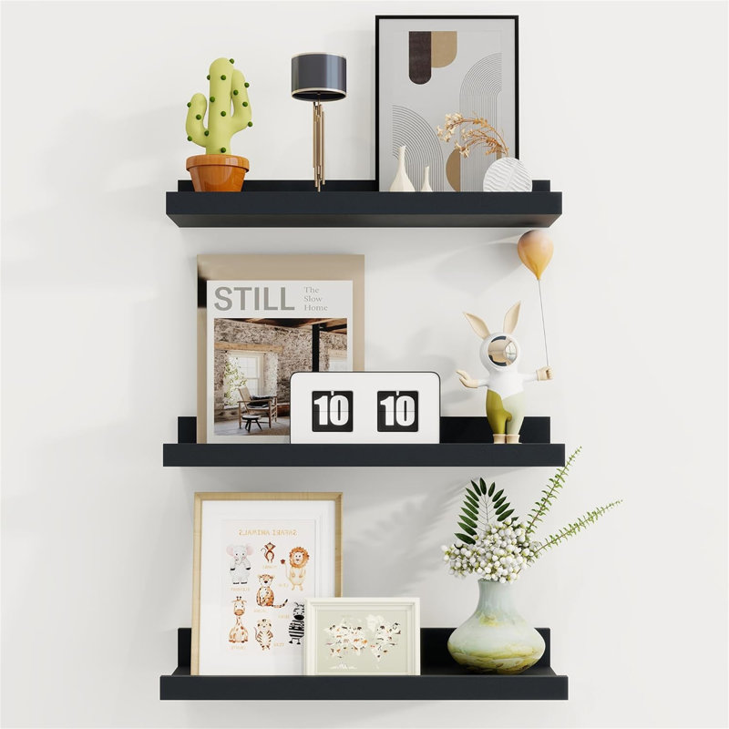 Rustic Floating Shelves Set of 3 with Lip, Picture Ledge Shelf for Nursery, Living Room – Multipurpose Storage Organizer, Bookshelf, & Photo Display Rack Black
