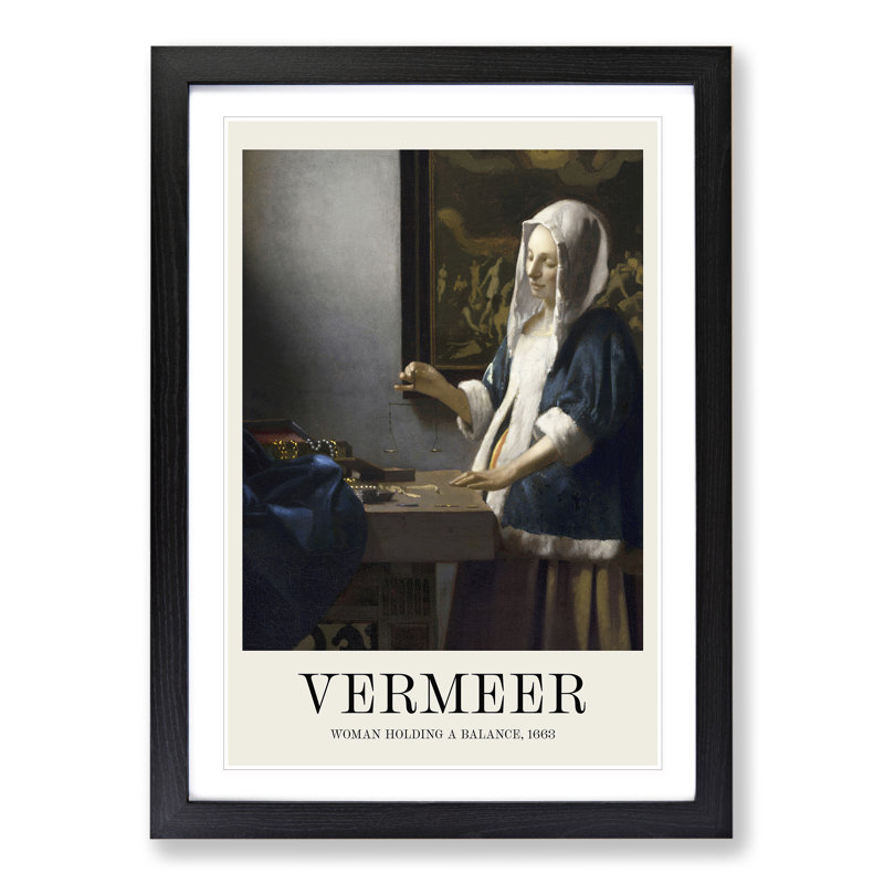 Woman Holding a Balance Print by Johannes Vermeer - Picture Frame Painting, Black, 36cm H x 27cm W x 2cm D