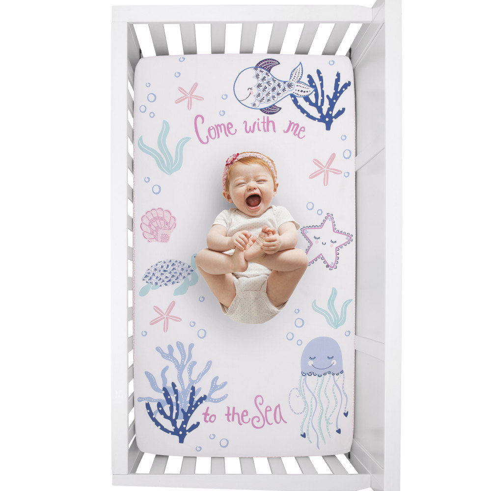 NoJo Mermaid Lagoon "Come with me to the Sea" 100% Cotton Photo Op Fitted Crib Sheet Sunside Sails