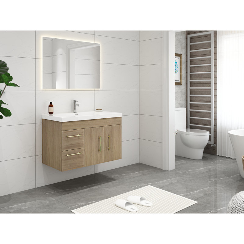 Carliss 35.5'' Single Bathroom Vanity with Acrylic Top, White/Oak, Gold