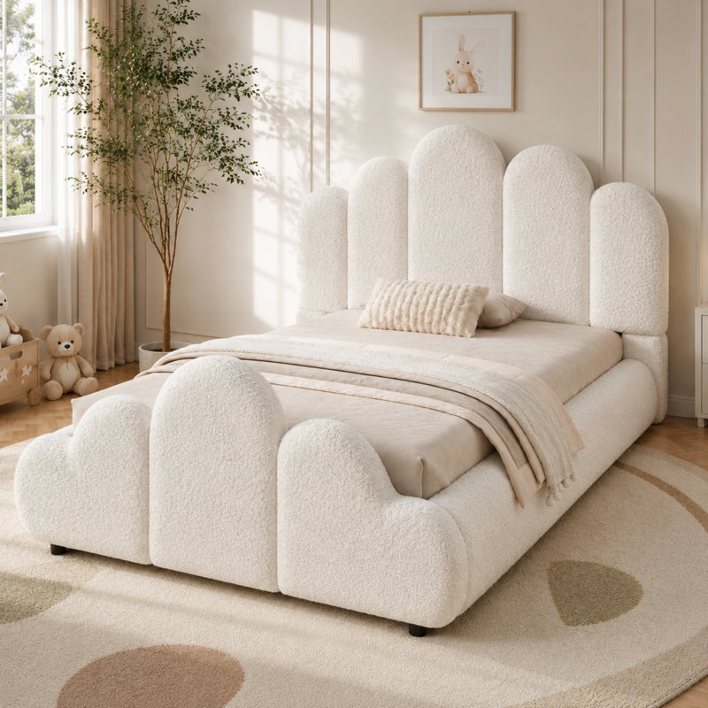 3FT Single Petal-Shaped Upholstered Bed, Cream White Boucle