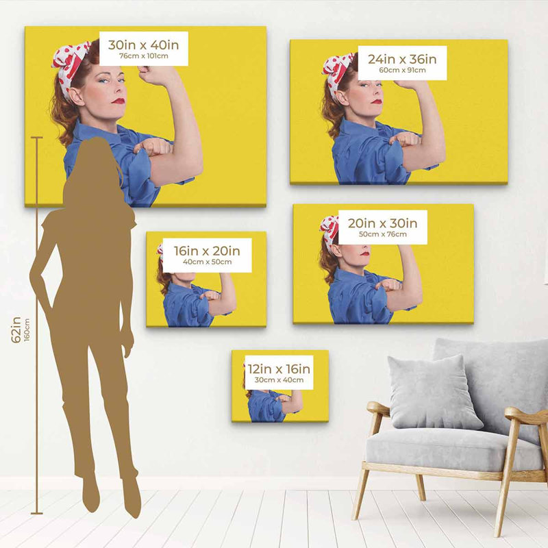 Gitte, féministe jaune sur toile, H 12 po x l 16 po, Cadre noir