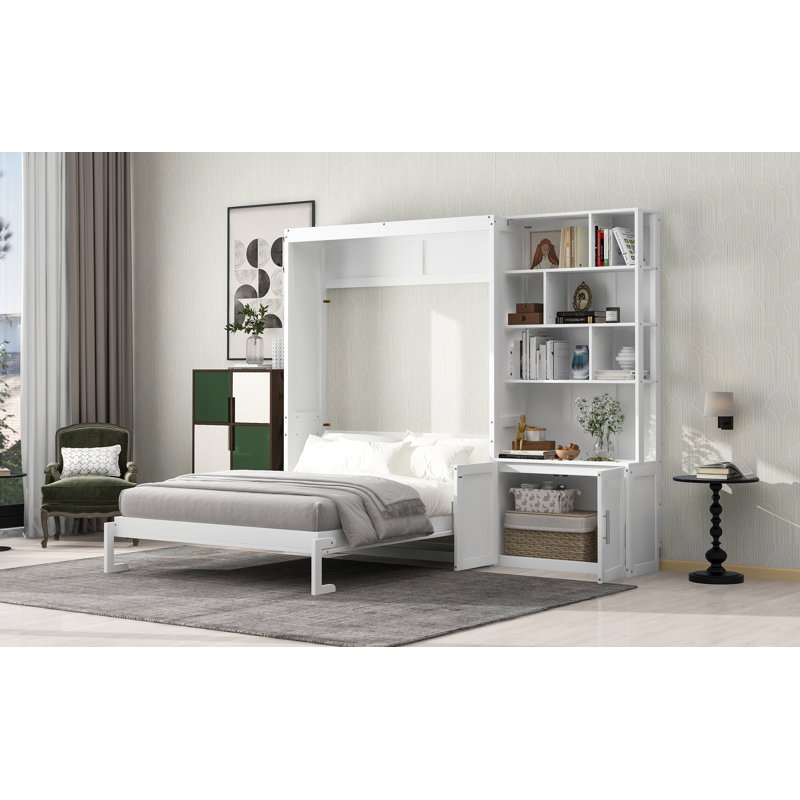  Full Murphy Wall Bed with Multiple Storage Shelves and Built-In Cabinet, White