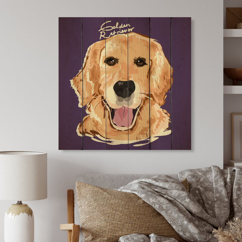 Dessin de peinture Golden Retriever - décoration murale traditionnelle en bois, H 40 po x l 40 po x P 1 po