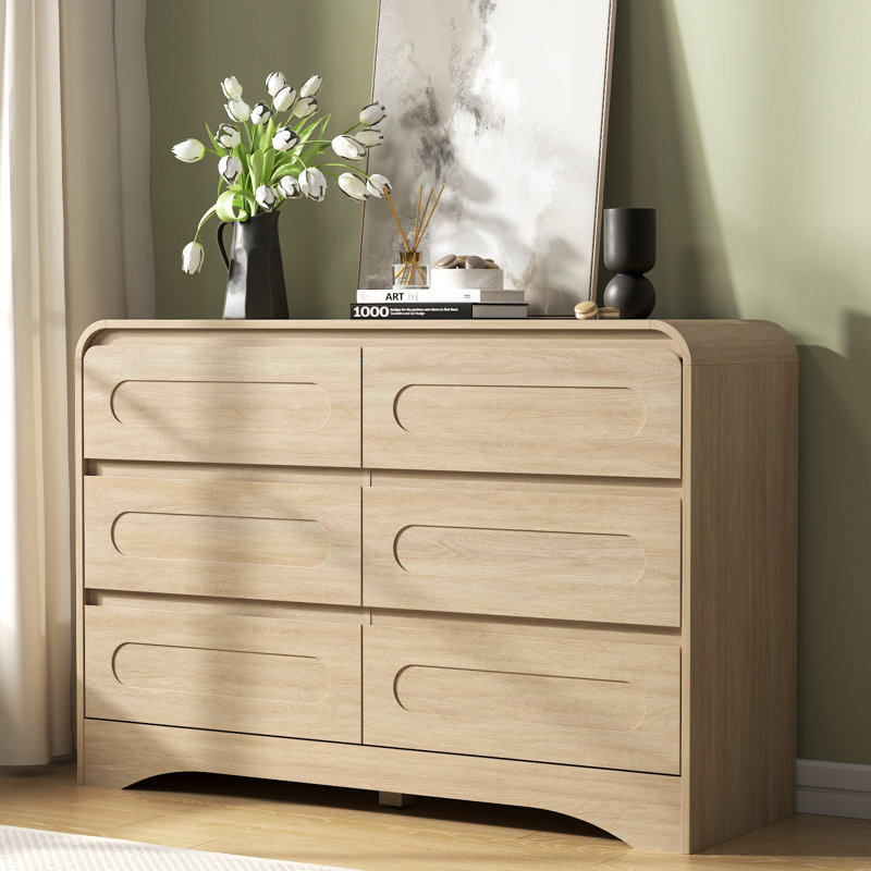Commode pour chambre à coucher, commode de ferme de 47 po avec rangement, commode à 6 tiroirs, conception à bord courbé, commode de style maison de campagne pour chambre à coucher, salon ou couloir