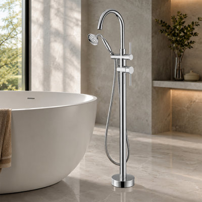 Floor Mounted Freestanding Tub Filler With Hand Held Shower