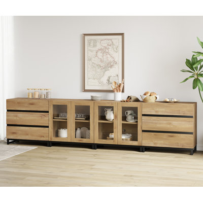Buffet moderne avec tablettes réglables et 6 tiroirs, armoire de rangement 4 en 1 avec portes en verre, armoire à café pour le salon, cuisine