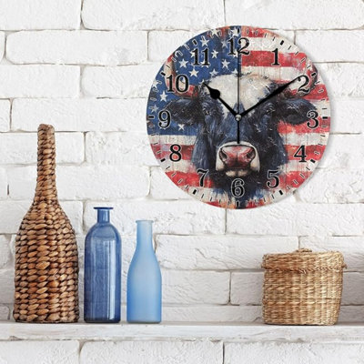 JUNZAN Buffalo Plaid USA Stars Patriotic 4Th July Cow Round Bathroom Clocks Wallclock 10 Inch Digital Clocks For Bedrooms For School Gym Kitchen Wall Decor