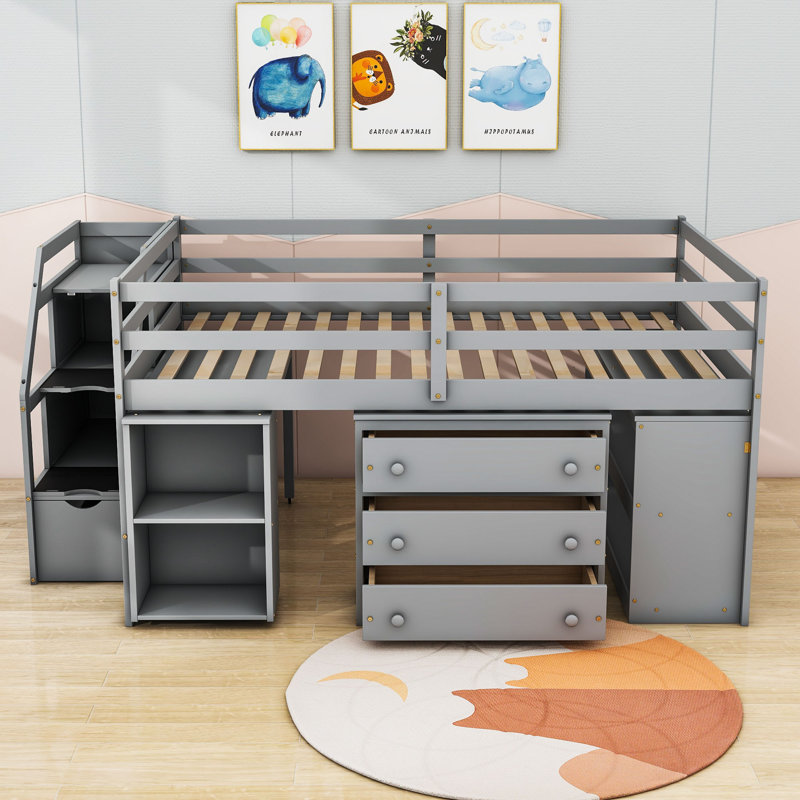 Longmeadow Wood 3 Drawers Loft Bed with Retractable Desk and Shelves, Full, Gray