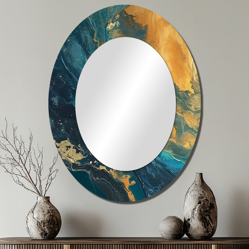 Golden Sunshine In Deep Blue Ocean Abstract III - Modern Oval Wall Mirror, 40" x 30"