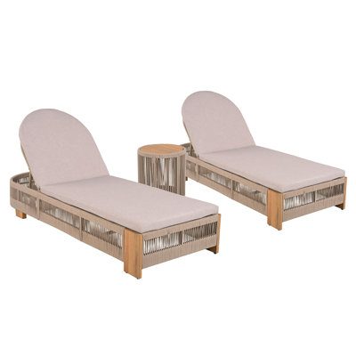 Ensemble de chaise longue d'extérieur en corde, chaises longues de patio, mobilier d'extérieur près de la piscine, table d'appoint en bois d'aspect teck et coussins beiges, chaise longue avec dossier réglable (corde grise)