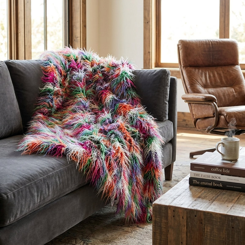 Jeté de luxe en fausse fourrure tissé à la main Plutus, l 114 po x L 120 po, Couverture