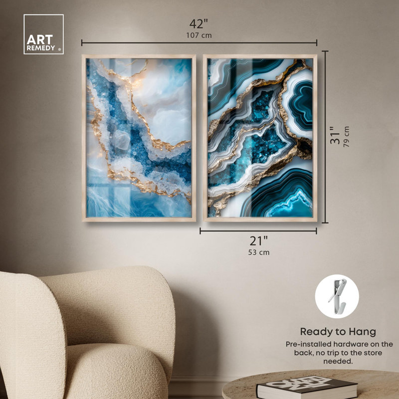 «Golden Geode Luxe Set Shadowbox», art mural bleu par Art Remedy, H 31 po x l 21 po, Crème, crème