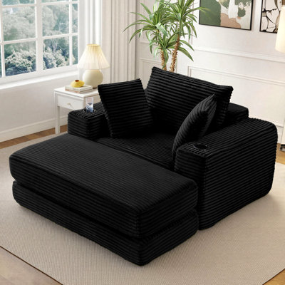 52" Oversized Chaise Lounge Chair Indoor, Corduroy Upholstered Boneless Sofa Bed with Cup Holder and Pillows by Latitude Run