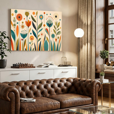 Mid Century Modern Geometric Floral Retro Canvas Art, Wrapped Canvas, Ready to Hang