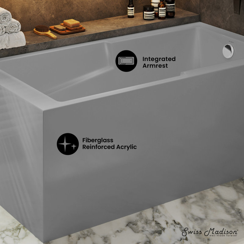 Baignoire d'angle Voltaire 60 x 32 avec tablier et bonde à droite, gris lustré, Gris lustré, Oui