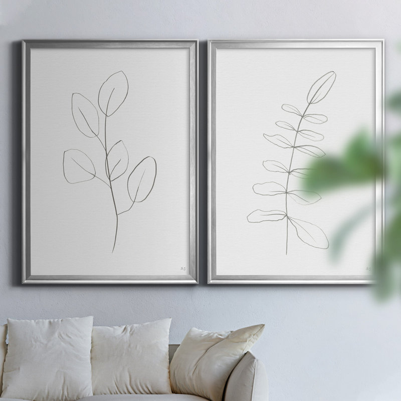 «Botanical Gesture III», ensemble de 2 reproductions de dessins, H 22,5 po x l 61 po x P 1,5 po, Toile encadrée argentée
