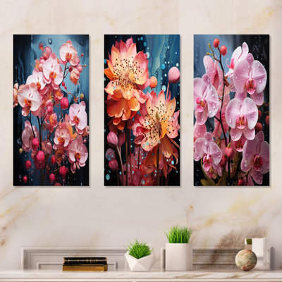 Orchidées roses - Orchidées roses - Neon Fusion - ensemble de 3 reproductions d'art sur toile