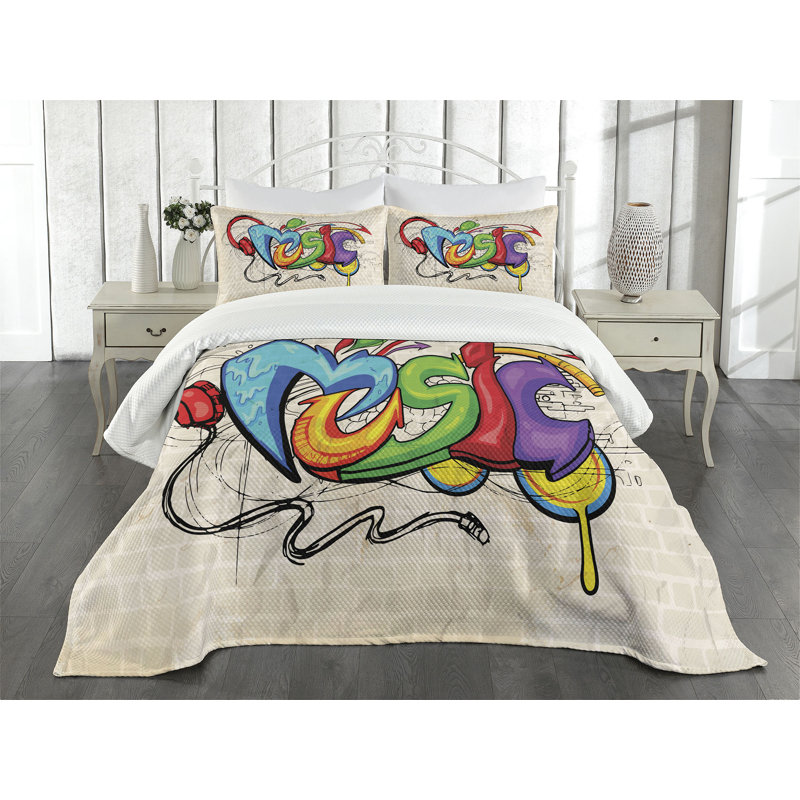 Ambesonne Retro Bedspread Music Graffiti, Queen Bedspread + 2 Standard Shams