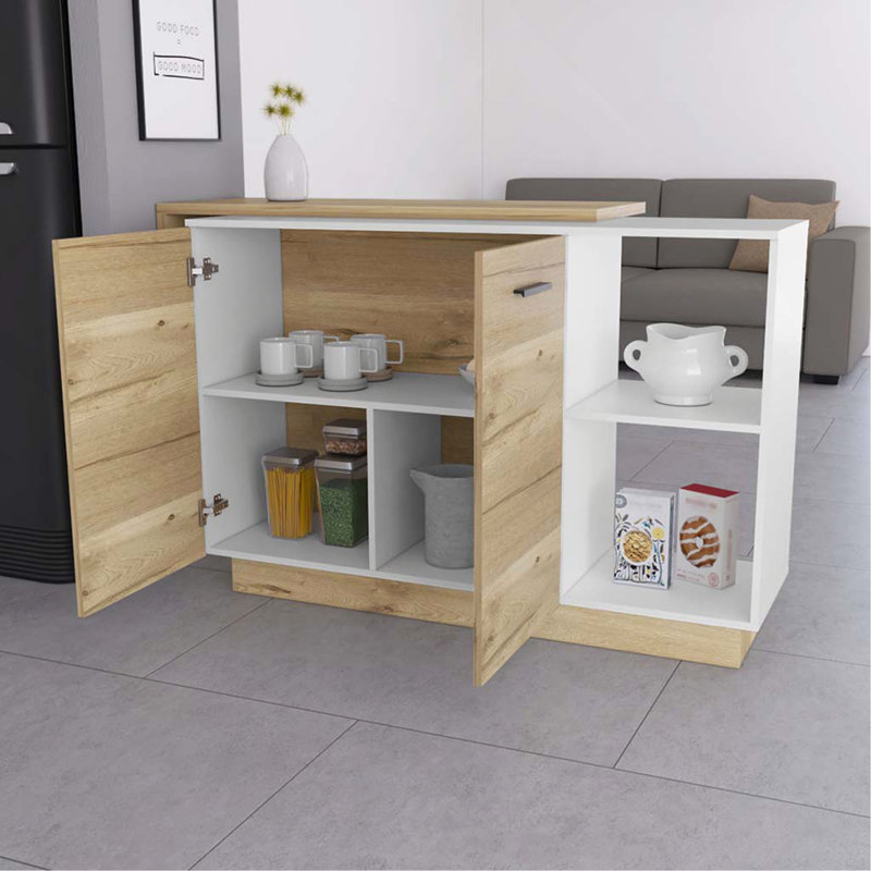 Îlot de cuisine, deux tablettes dissimulées, trois cloisons, Naturel / Blanc