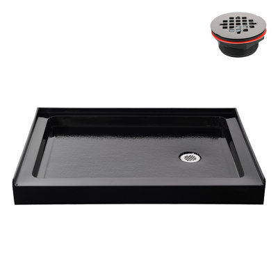 48 in. x 32 in. Alcove Acrylic Shower Base in Glossy Black With Right Drain, Drain Included