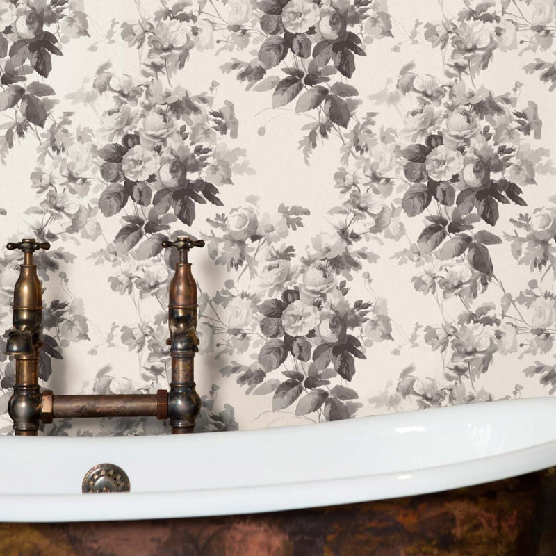 LONDON ROSE Traditional Wallpaper, Smoke Gray