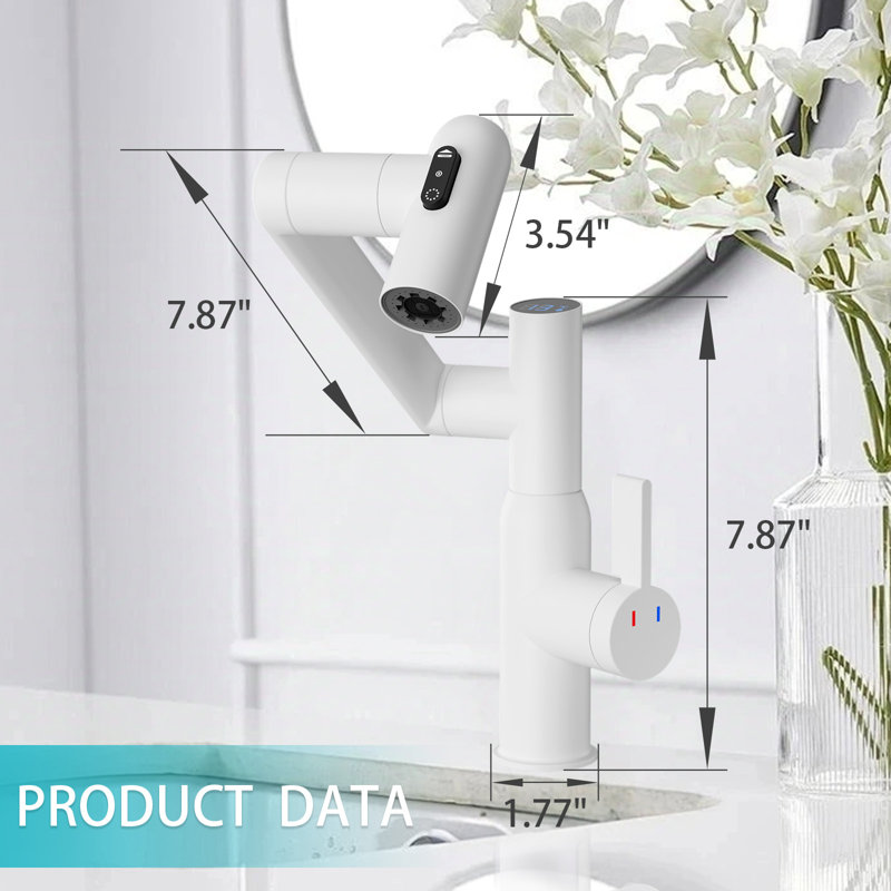 Robinet de lavabo de salle de bain avec rotation à 360 °, fonction de jet, affichage de la température, interrupteur antidérapant et eau chaude / froide