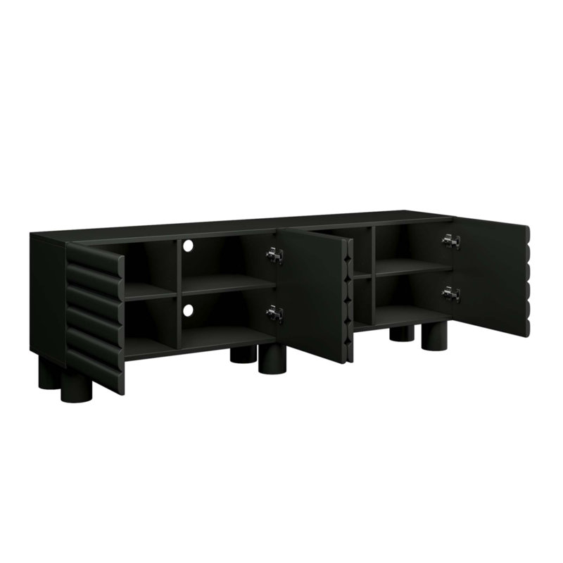 Stylish Thick Wavy Door TV Cabinet With Adjustable Shelves, Black