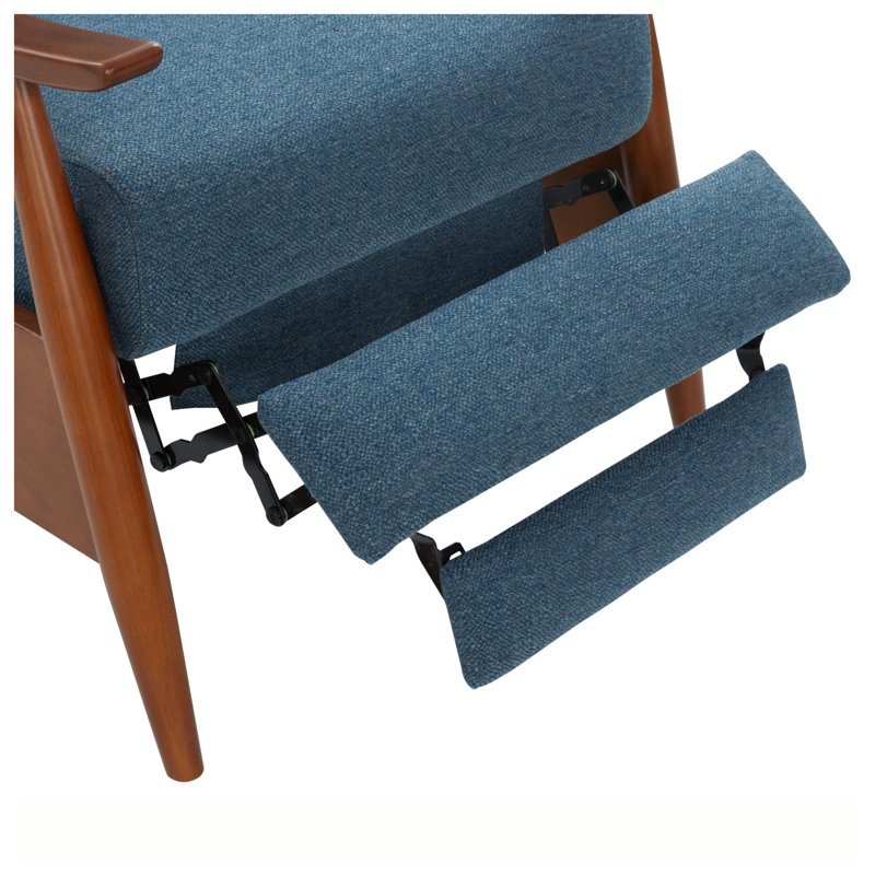 Fauteuil inclinable Tustin avec accoudoirs en bois et revêtement en tissu performant - Bleu denim