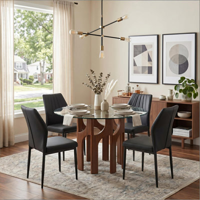 46" Round Tempered Glass Dining Table Set For 4 Or 6 With Metal Base And PU Leather Chairs