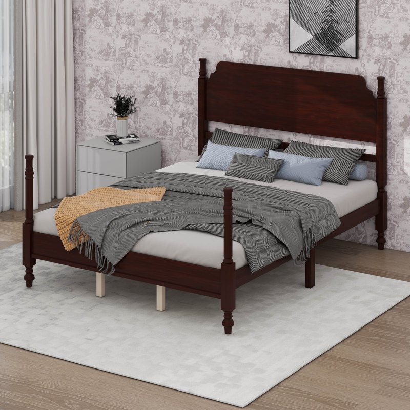 Cadre de lit grand rétro en bois avec tête de lit, Queen, Dark Walnut