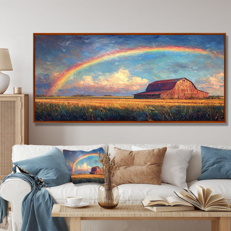 Arc-en-ciel au-dessus de la ferme I - art mural arc-en-ciel, H 28 po x l 60 po, Natural Floater Framed