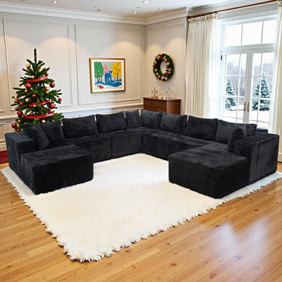 Canapé modulaire en forme de U 126 po pour 7 personnes, canapé Cloud Velours côtelé, noir