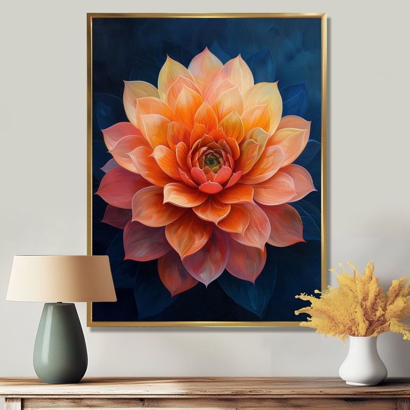 Décoration florale orange et bleu éclatant - plante grasse, Toile avec cadre flottant or, H 20 po x l 12 po x P 1 po