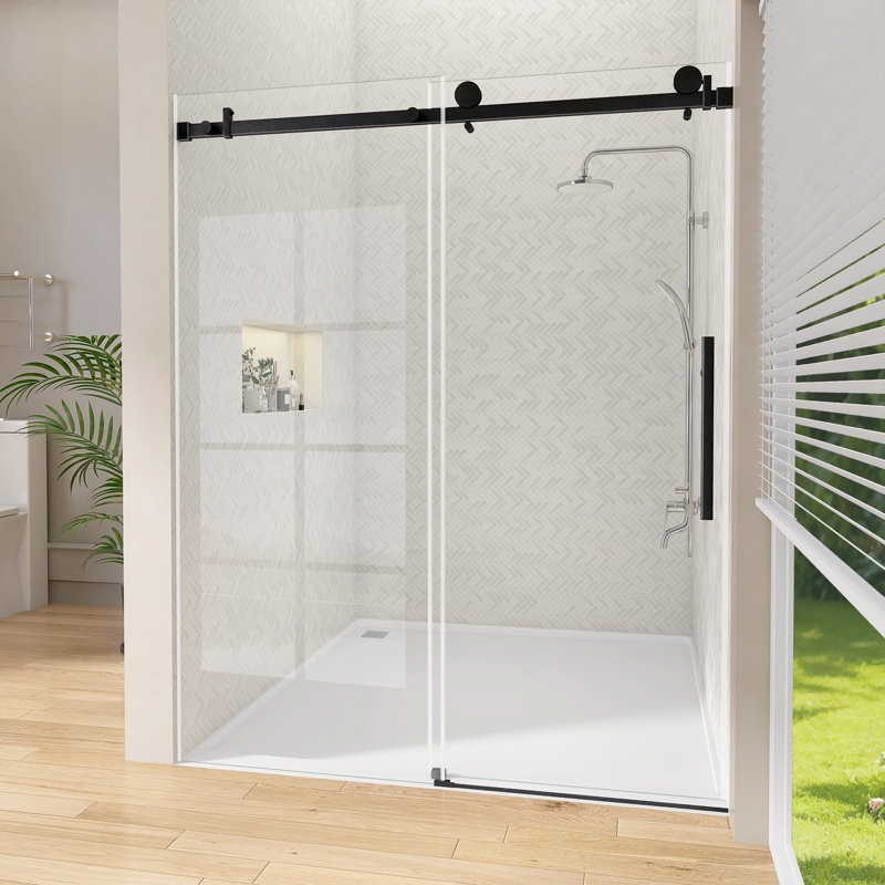 54"X76" Shower Door  Single Sliding Frameless With Matte Black Hardware And 1/4" Tempered Glass For Modern Bathroom