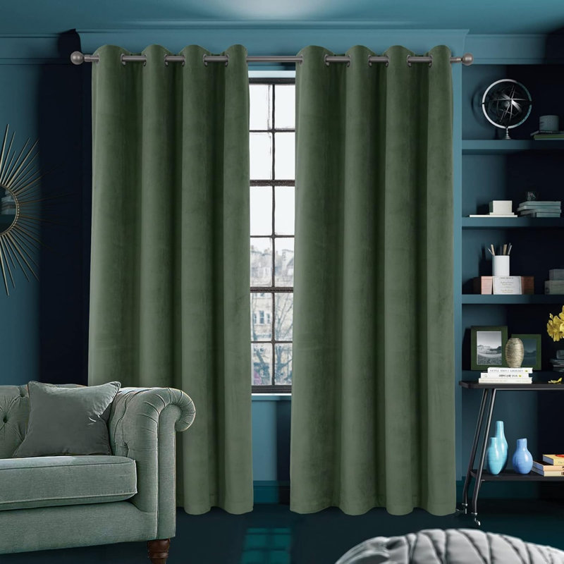 Sage Green Velvet Blackout Curtains 168 x 183 cm Eyelet Thermal 1 Pair