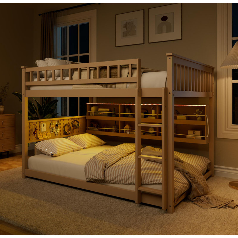 Lit superposé double au-dessus de double avec tablettes intégrées, lumières à changement de couleur et panneau perforé, beige