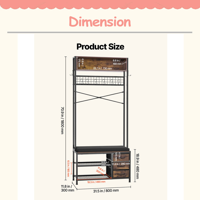 Hall Tree, 70.9 In Coat Rack With Shoe Bench & 3 Drawers, 3-In-1 Freestanding Shoe Rack Storage Organizer With Bookshelf & Wire Shelf