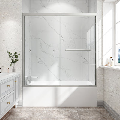 55"-60" Coverage Shower Door With Double Bypass Sliding Design, Brushed Nickel Appearance, Aluminium Alloy Frame, 1/4" 6mm Tempered Glass - Collision Protection, American Minimalist Design Width