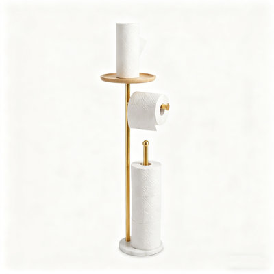 Gold Toilet Paper Holder Stand with Tray, Marble Base & 5-Roll Storage